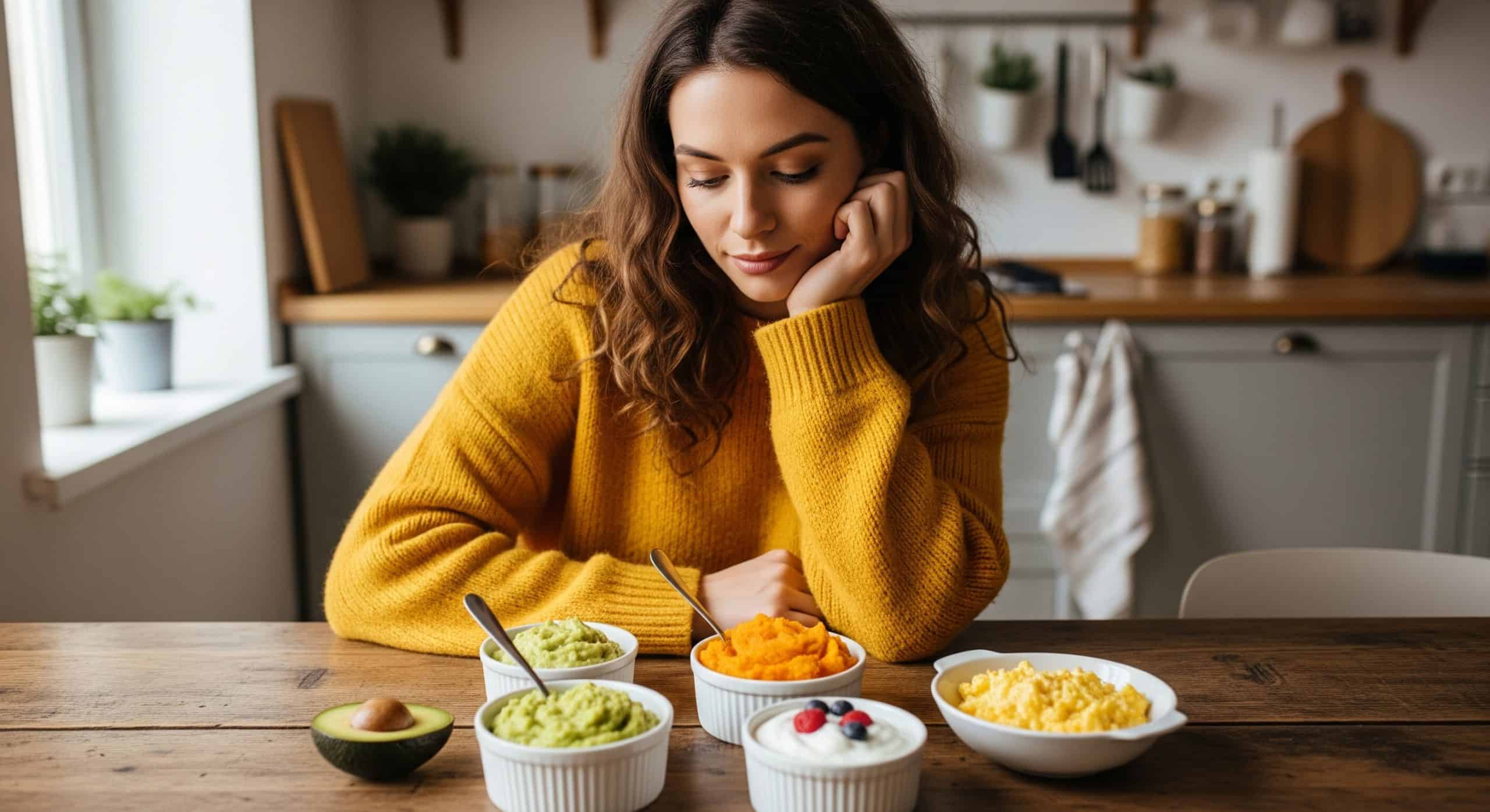 אישה יושבת במטבח ובוחנת מאכלים רכים לאחר השתלת שיניים
